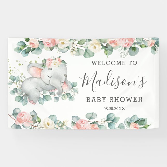 Blumengrün Elephant Baby Shower Girl Willkommen Banner (Horizontal)