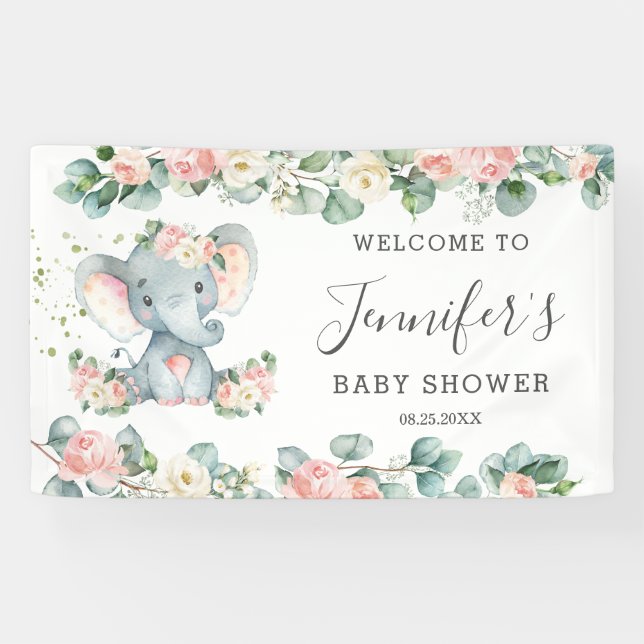Blumengrün Elephant Baby Shower Girl Willkommen Banner (Horizontal)