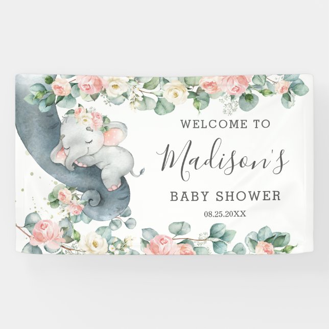 Blumengrün Elephant Baby Shower Girl Willkommen Banner (Horizontal)