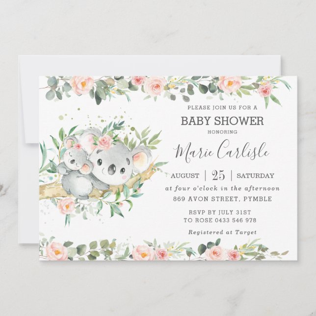 Blumengrün Eucalyptus Koala Baby Shower Girl Einladung (Vorderseite)
