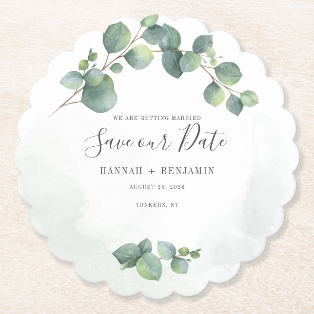 Blumengrün Eukalyptus Save the Date kreativ Untersetzer (Vorderseite)