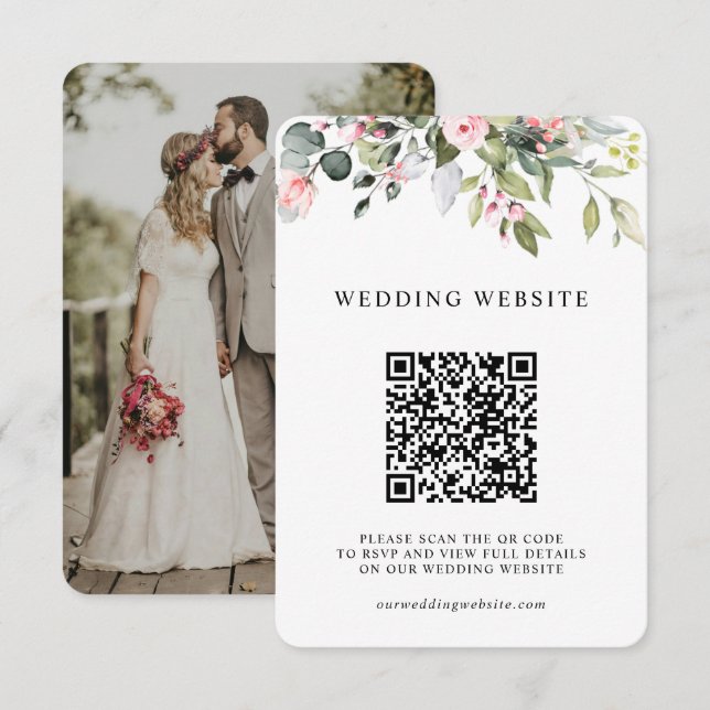 Blumengrün Foliage QR-Code & Foto Hochzeit Begleitkarte (Vorne/Hinten)