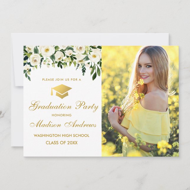 Blumengrün-Foto-Graduierungsparty Einladung (Vorderseite)