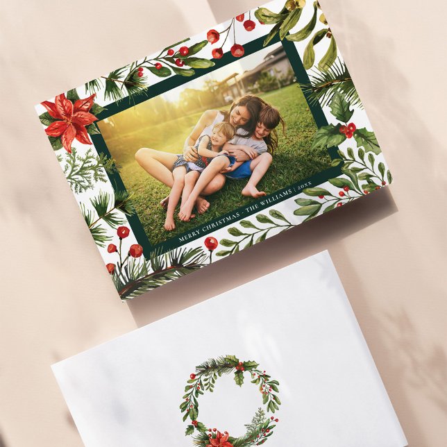 Blumengrün Foto Weihnachten (Family Photo Poinsettia Christmas Holiday Card)