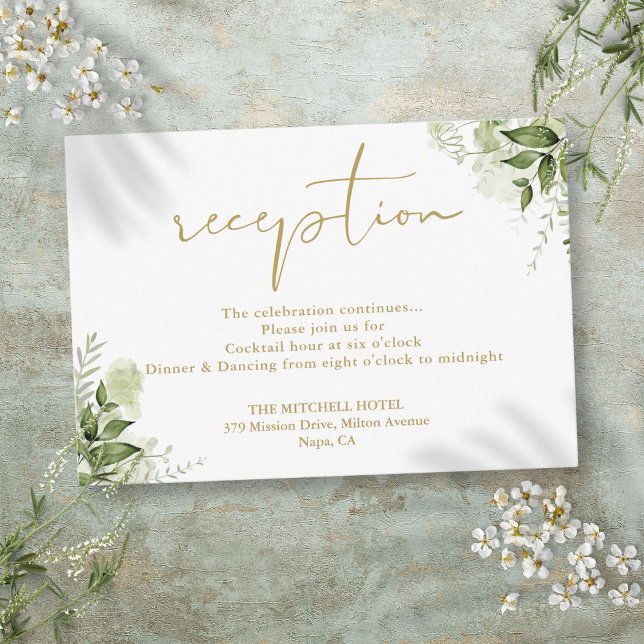 Blumengrün Gold Script Hochzeitsempfang Begleitkarte (Floral Greenery Gold Script Wedding Reception Enclosure Card)