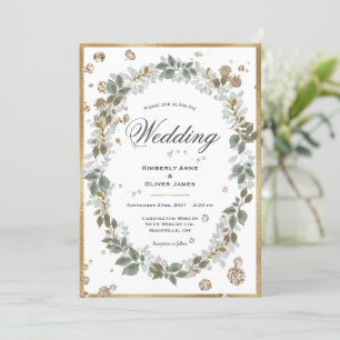 Blumengrün, goldene Rahmen Hochzeit Einladung