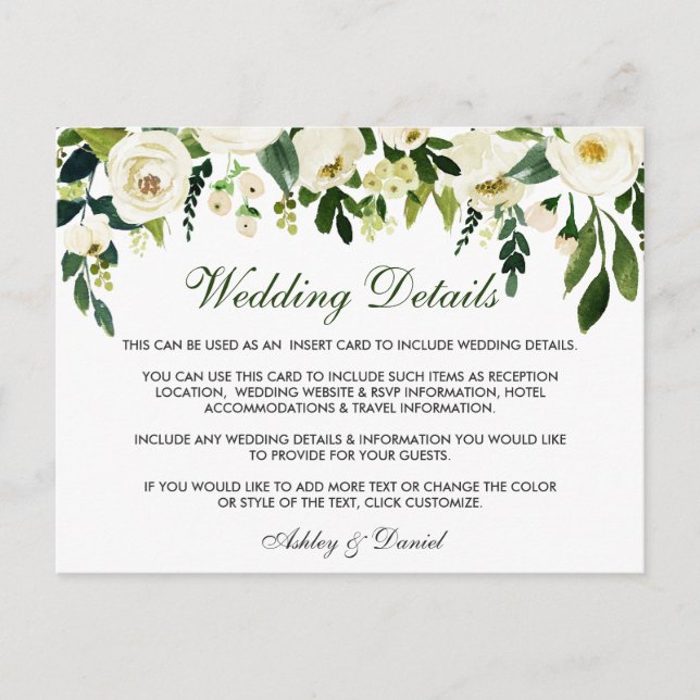 Blumengrün Hochzeitdetails Beipackkarte Postkarte (Vorderseite)