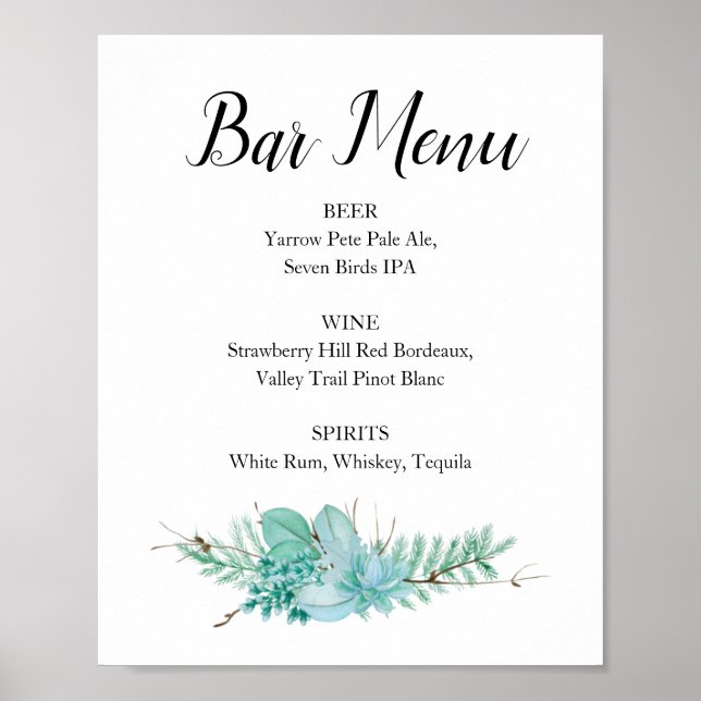 Blumengrün Hochzeitmenü Bar Drink Signatur Poster (Vorne)