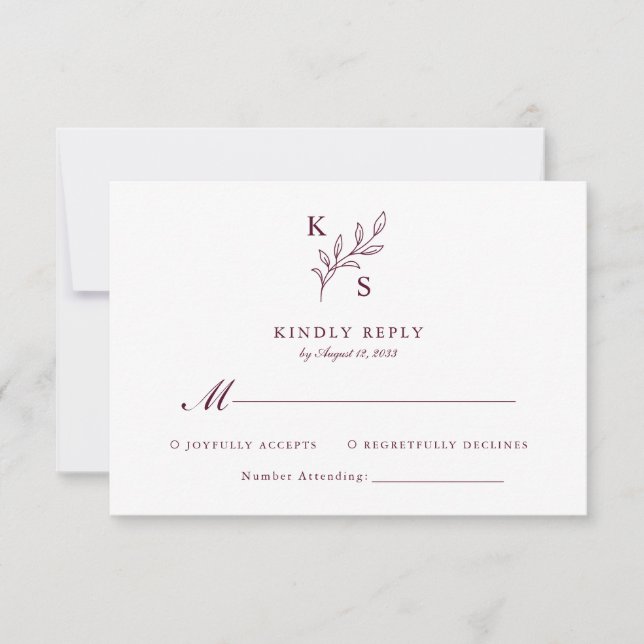 Blumengrün Hochzeitmongram Minimalistisch RSVP Karte (Vorderseite)