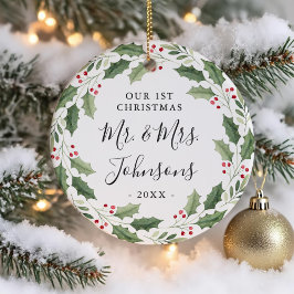 Blumengrün-Kranz Unser erstes Weihnachten Keramik Ornament