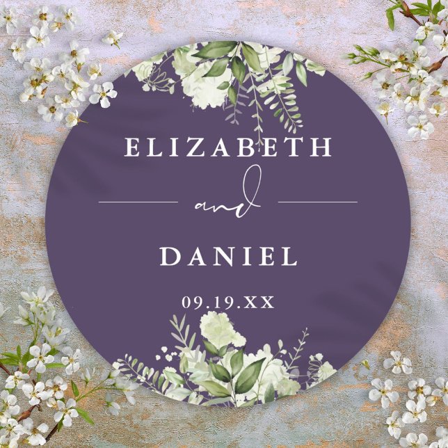Blumengrün Lila Gastgeschenk Hochzeit Runder Aufkleber (Floral Greenery Purple Wedding Favor Classic Round Sticker)