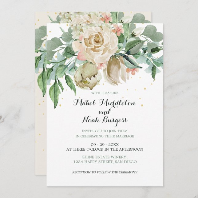 Blumengrün, neutrale Rose Einladung (Vorne/Hinten)