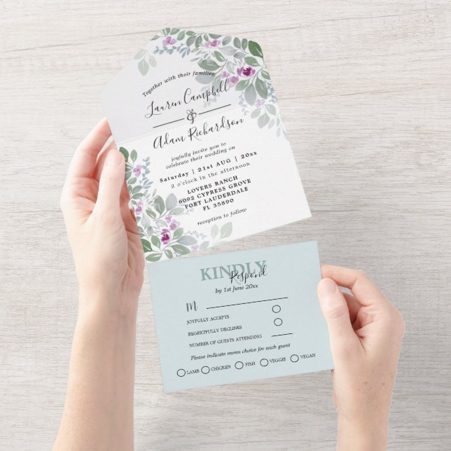 Blumengrün-rosa Wasserfarbenhochzeit All In One Einladung (Abreißen)