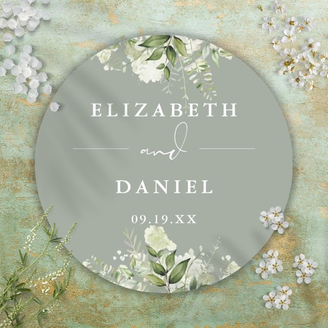 Blumengrün Sage Grüne Gastgeschenk Hochzeit Runder Aufkleber (Floral Greenery Sage Green Wedding Favor Classic Round Sticker)