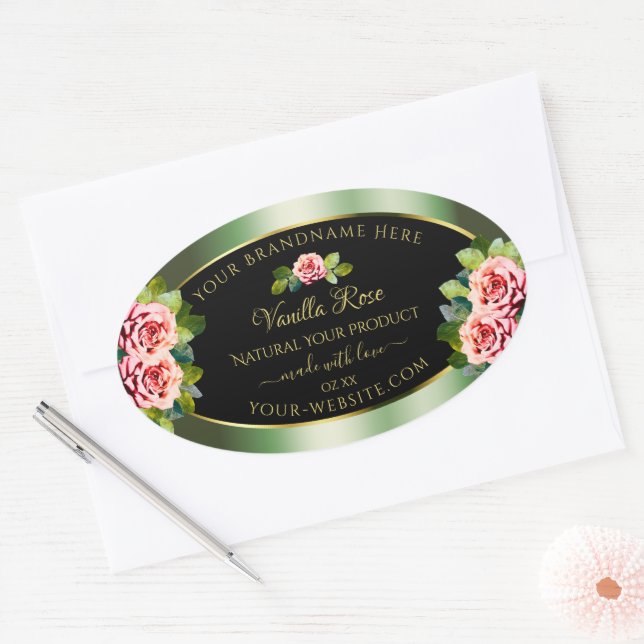 Blumengrün-schwarz-goldene Produktkennzeichnungen  Ovaler Aufkleber (Umschlag)