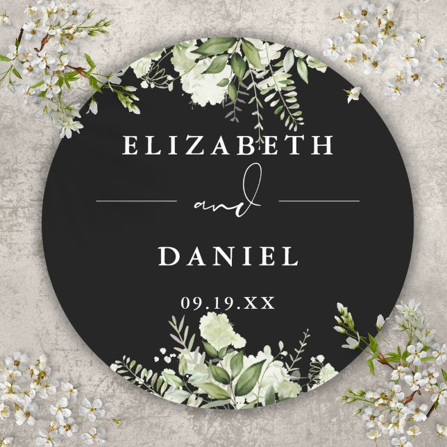 Blumengrün Schwarz-Weiß-Gastgeschenk Hochzeit Runder Aufkleber (Floral Greenery Black And White Wedding Favor Classic Round Sticker)