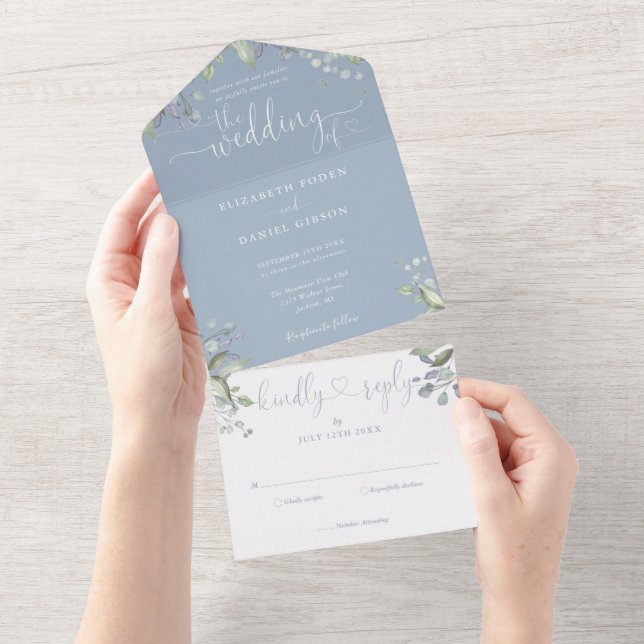 Blumengrün Script Hearts Dusty Blue Wedding All In One Einladung (Abreißen)