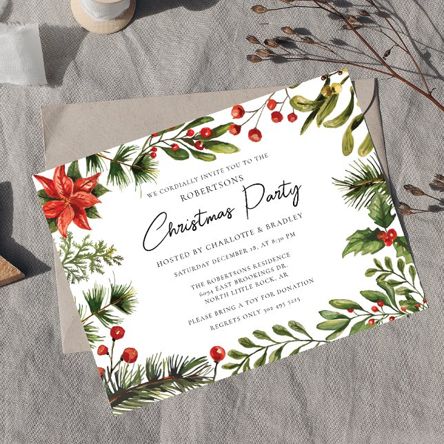 Blumengrün Script Weihnachtsfeier Einladungspostkarte (Botanical Red Berries Greenery Script Christmas Party Invitation)