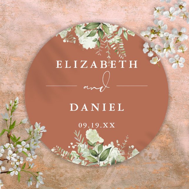 Blumengrün Terracotta Gastgeschenk Hochzeit Runder Aufkleber (Floral Greenery Terracotta Wedding Favor Classic Round Sticker)