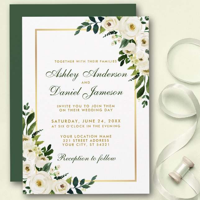 Blumengrün und Gold Hochzeit Einladung (Customize to change text color, style, add text & photos to back or change color of back of card.)
