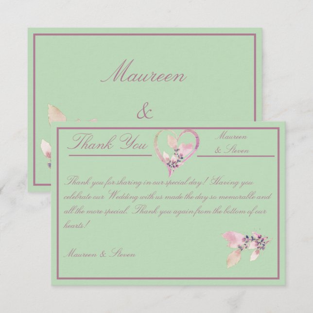 Blumengrün und Mauve Wedding Dankeskarte (Vorne/Hinten)