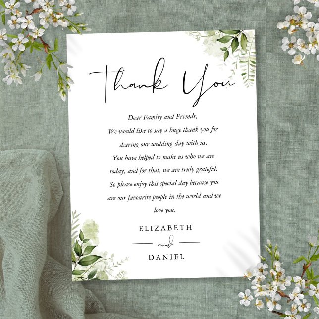 Blumengrün Vielen Dank für Ihre Hochzeit Platzkart Postkarte (Floral Greenery Thank You Wedding Place Card)