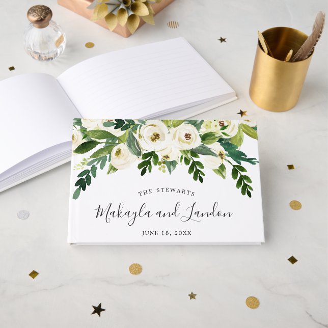 Blumengrün Weißer Rosen Hochzeitsfeier Gästebuch (Vorderseite Offen)