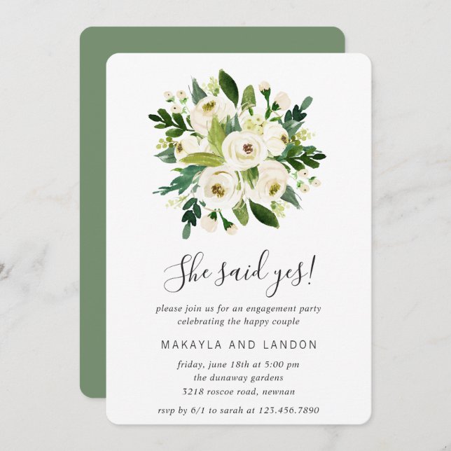 Blumengrün Weißrosen Engagement Partei Einladung (Vorne/Hinten)