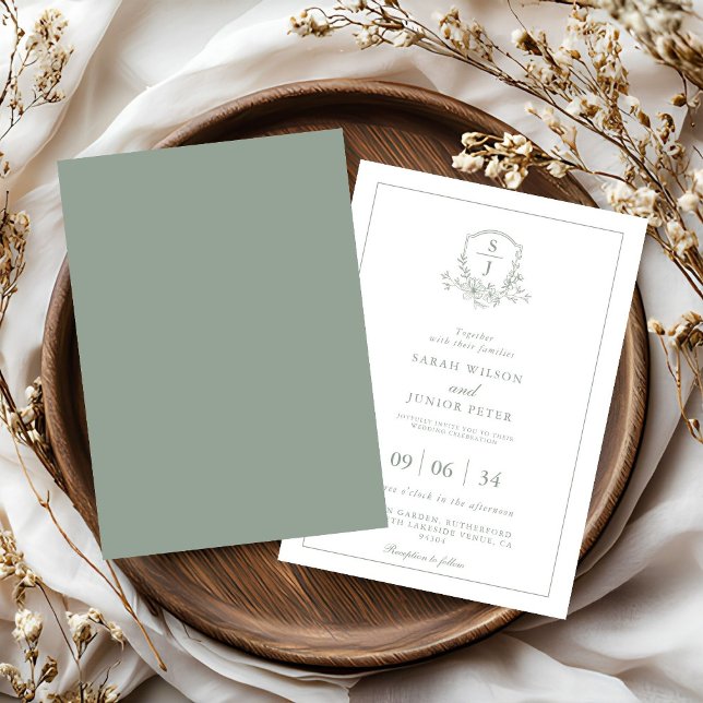 Blumengrüner Blattmonogramm-Hochzeit Einladung (Von Creator hochgeladen)