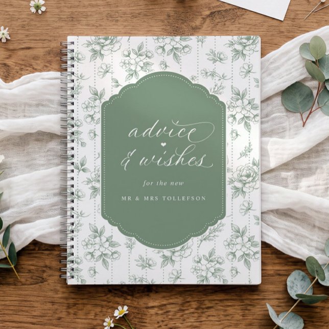 Blumengrüner Hochzeitswunsch-Gästebuch Notizbuch (Elegant vintage French floral wedding wishes guest book in sage green)