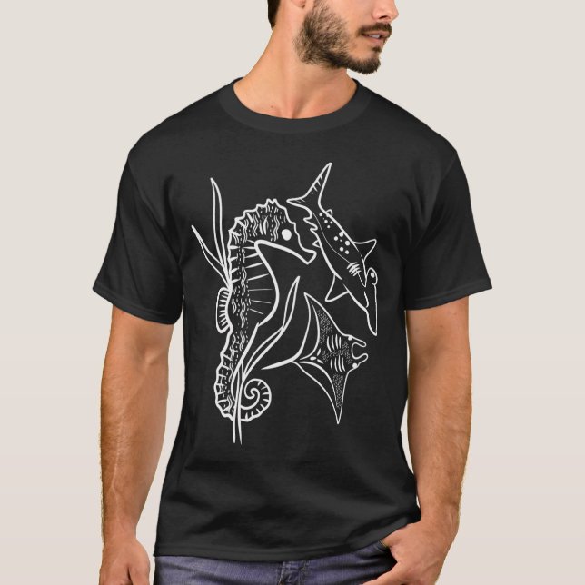 Blumenhafte Ozeantiere - schwarzer Hintergrund T-Shirt (Vorderseite)