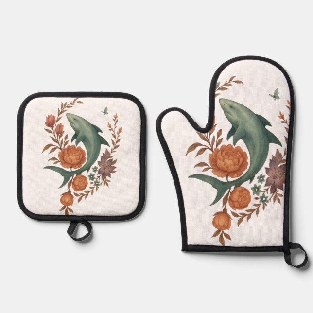 Blumenhaie Harmonie - Natur und Meeresfusion Kunst Ofenhandschuh & Topflappen-Set (Vorderseite)