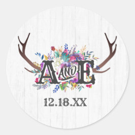 Blumenhändler Antler Bouquet Rustic Monogram Weddi Runder Aufkleber