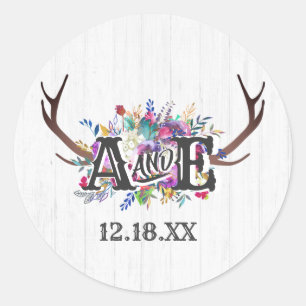 Blumenhändler Antler Bouquet Rustic Monogram Weddi Runder Aufkleber