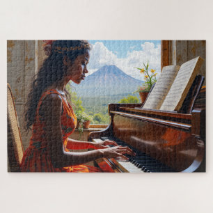 Blumenharmonie - Frau am Piano mit Blick auf die N Puzzle