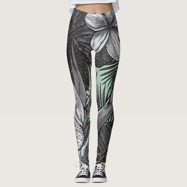 Blumenhawaiianisches Muster mit hellgrün Leggings (Vorderseite)