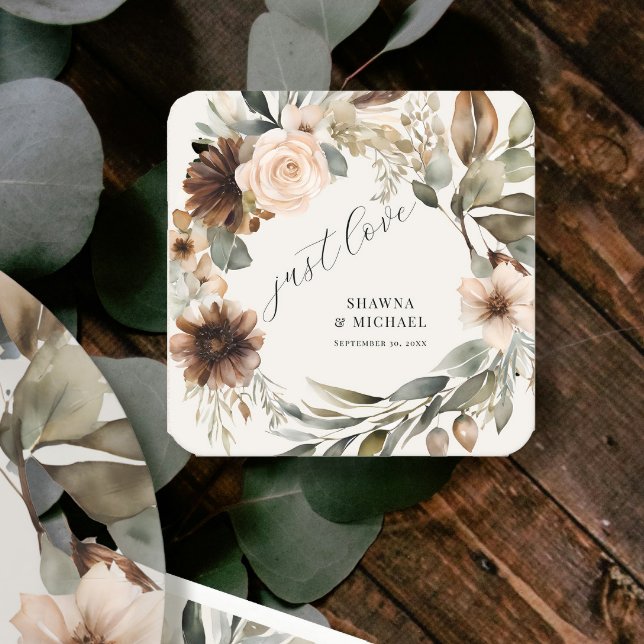 Blumenherbstfall Blätter Mute BOHO Hochzeit Quadratischer Aufkleber (Von Creator hochgeladen)