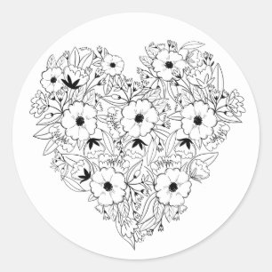 Blumenherz-Anemonen Schwarz Weiße Blumen Hochzeit Runder Aufkleber