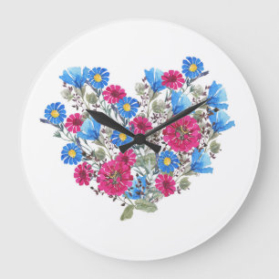 Blumenherz in Aquarellfarben, helle Wildblumen Große Wanduhr