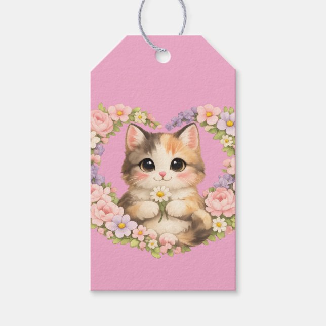 Blumenherz Kawaii Kunst Kätzchen  Geschenkanhänger (Vorderseite)