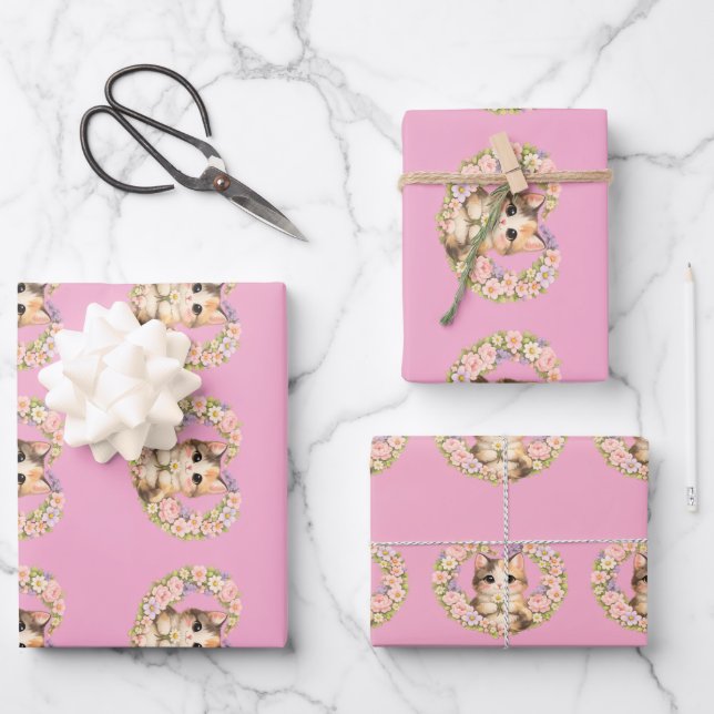 Blumenherz Kawaii Kunst Kätzchen  Geschenkpapier Set (Vorderseite)