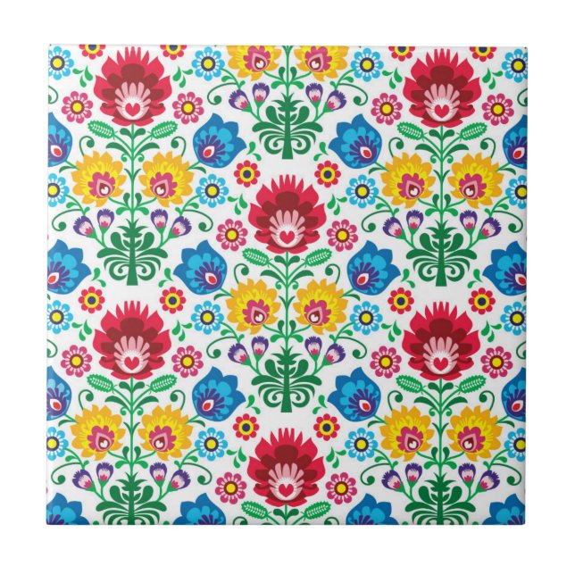 Blumenherz-Volkskunst-Muster Fliese (Vorderseite)