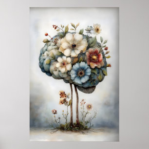 Blumenhirn-Druck, Botanische Hirn-Illustration Poster