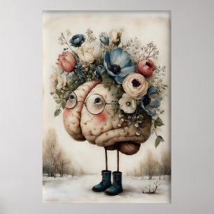 Blumenhirn-Druck, Botanische Hirn-Illustration Poster