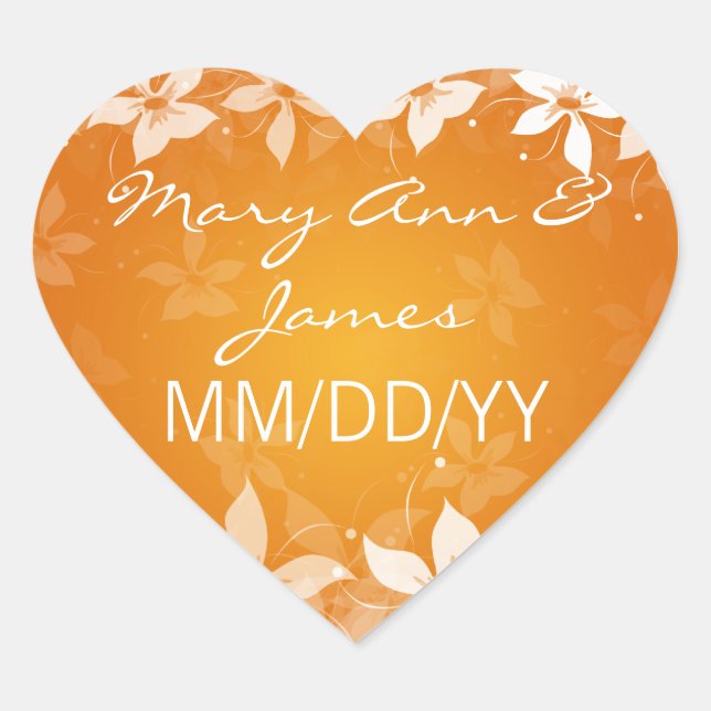 Blumenhochzeit Exotische Blüten Orange Herz-Aufkleber (Vorderseite)