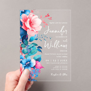 Blumenhochzeit Moderne Script Typografie Blau Pink Acryleinladungen