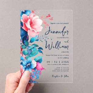 Blumenhochzeit Moderne Script Typografie Blau Pink Acryleinladungen