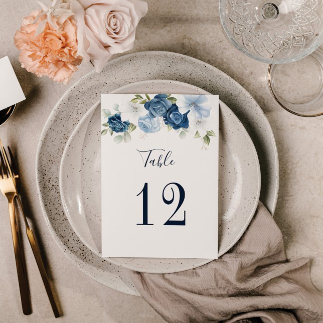 Blumenhochzeit Tischnummer 12 Sitzplan (Dusty Blue Floral Wedding Reception Table Number Cards)