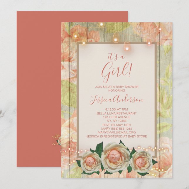 Blumenholz Rose Mason Jar Light Baby Dusche Einladung (Vorne/Hinten)