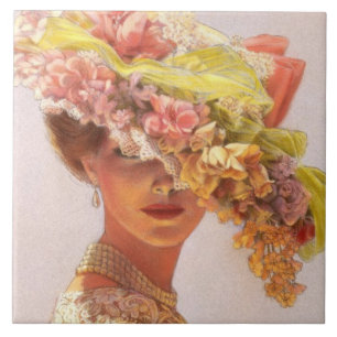 Blumenhut-elegante Vintage viktorianische Dame Art Fliese